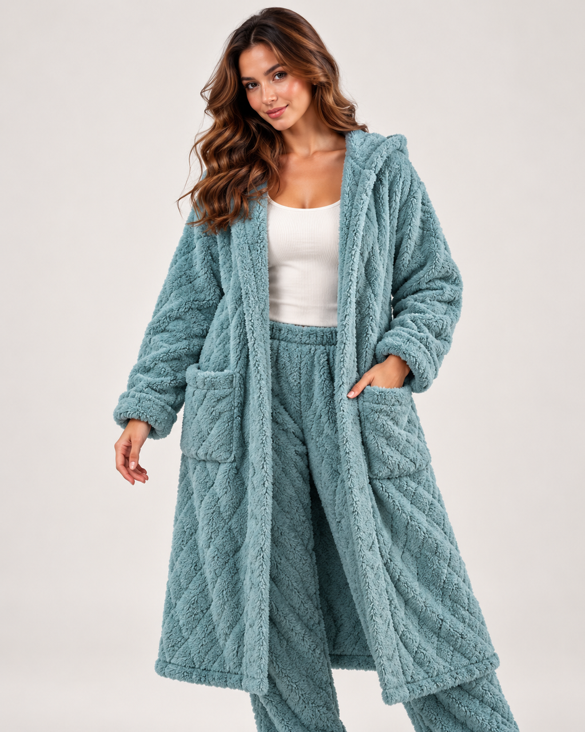 Women’s Pyjama Set with Long Hooded Robe and Trousers in Blue, full body view