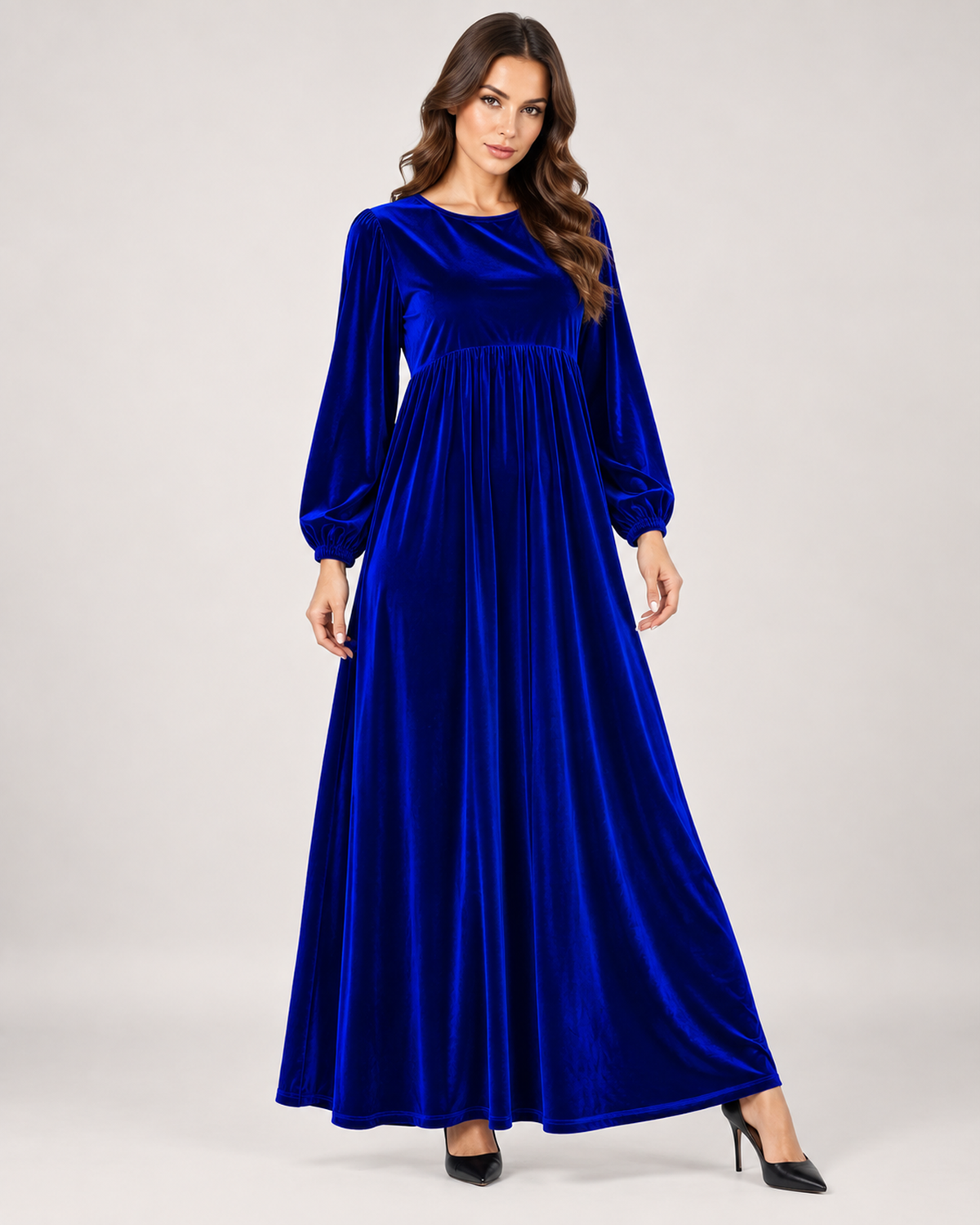 Women’s Velvet Maxi Dress with Draped Waist in Blue, lower body product focus view