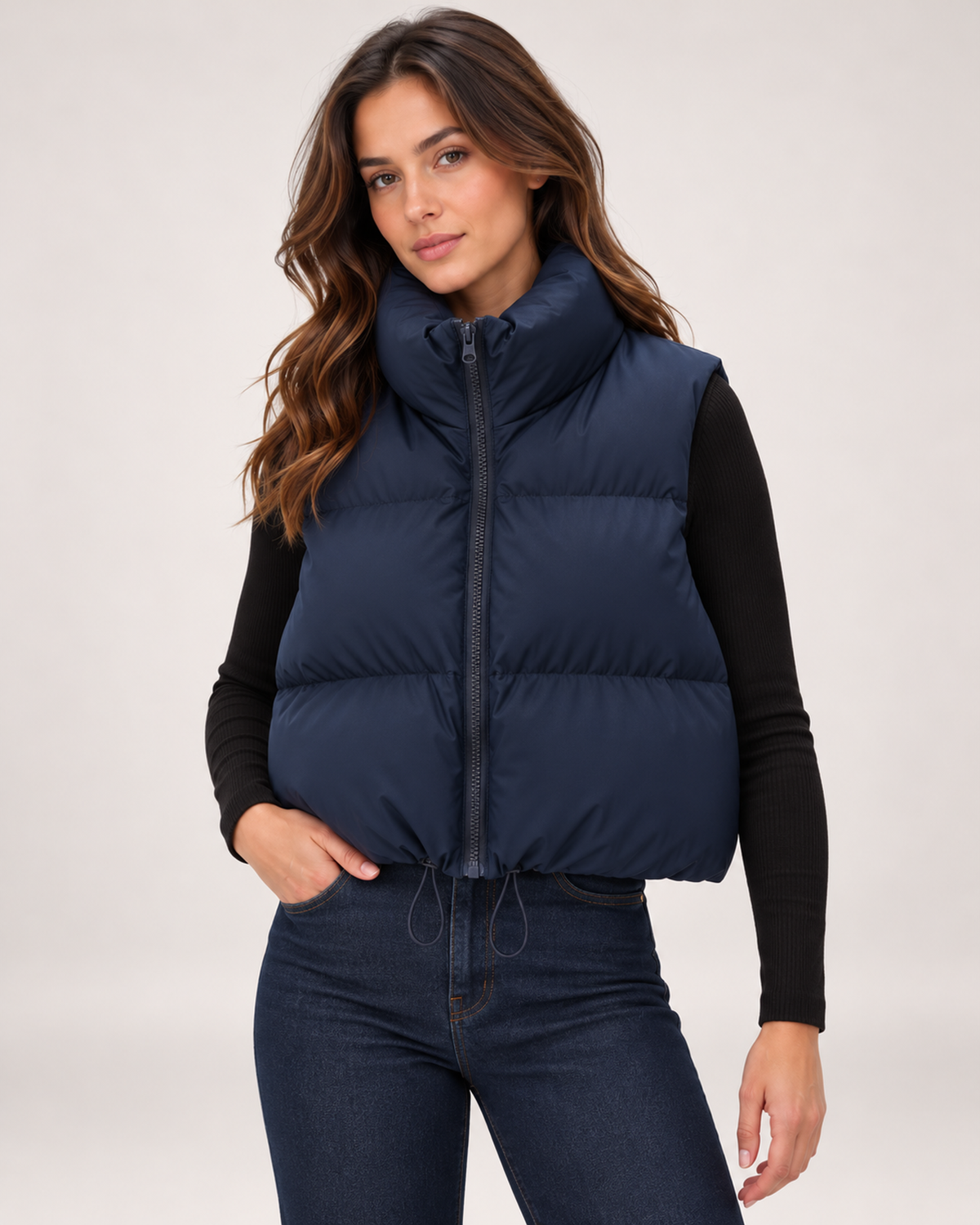 Women's blue cropped puffer gilet close variant view