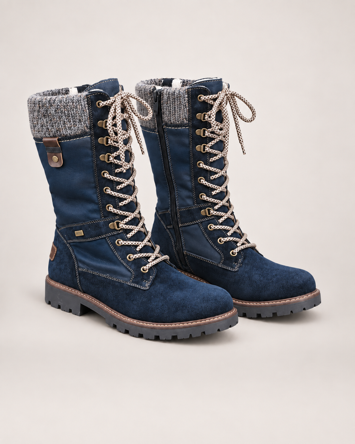 Women’s Lace Up Boots with Knitted Cuff in Blue, product only pair front three quarter view