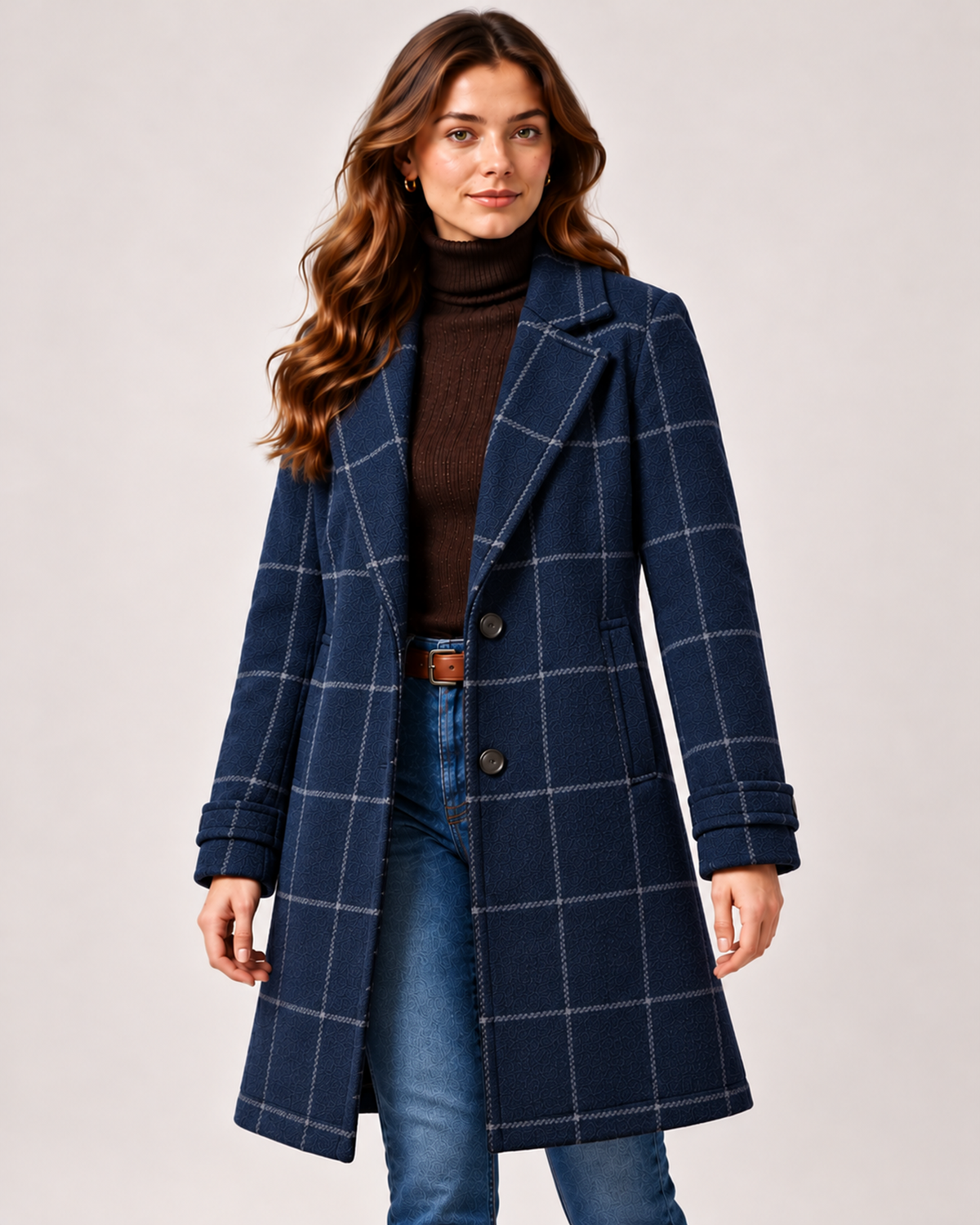 Women's Checked Coat Long Tailored Button Front Style blue close variant view