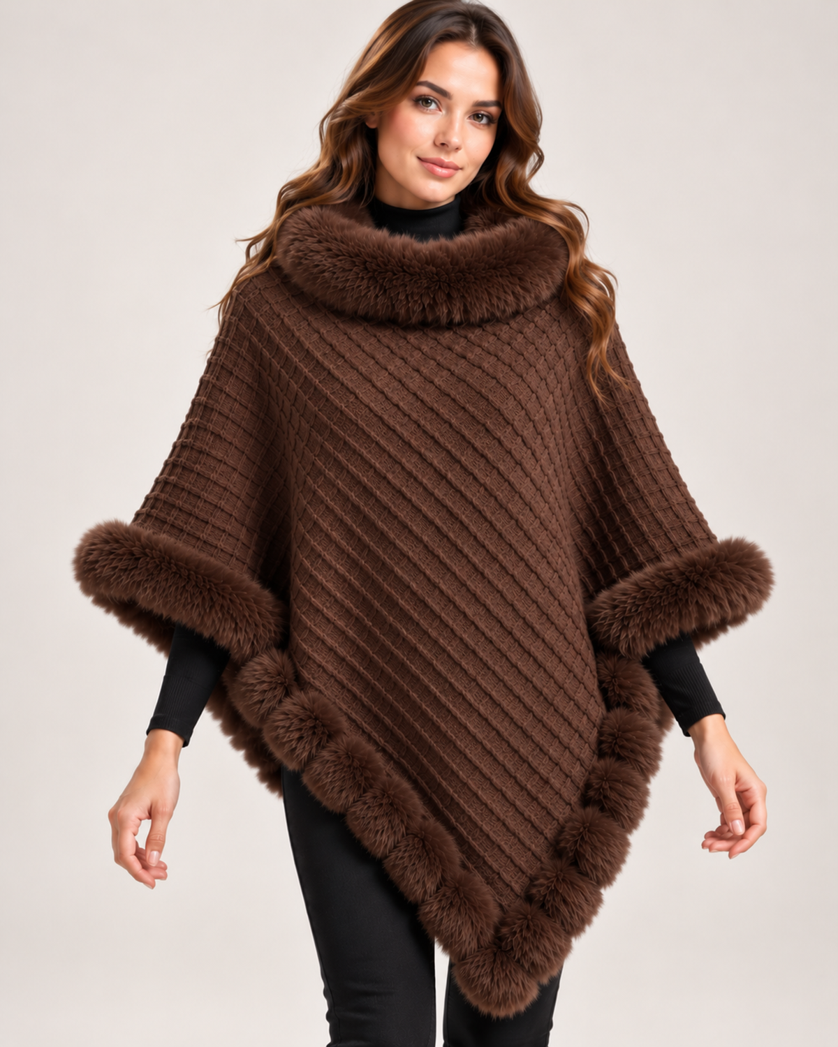 Women's brown cape coat with faux fur trim close variant view
