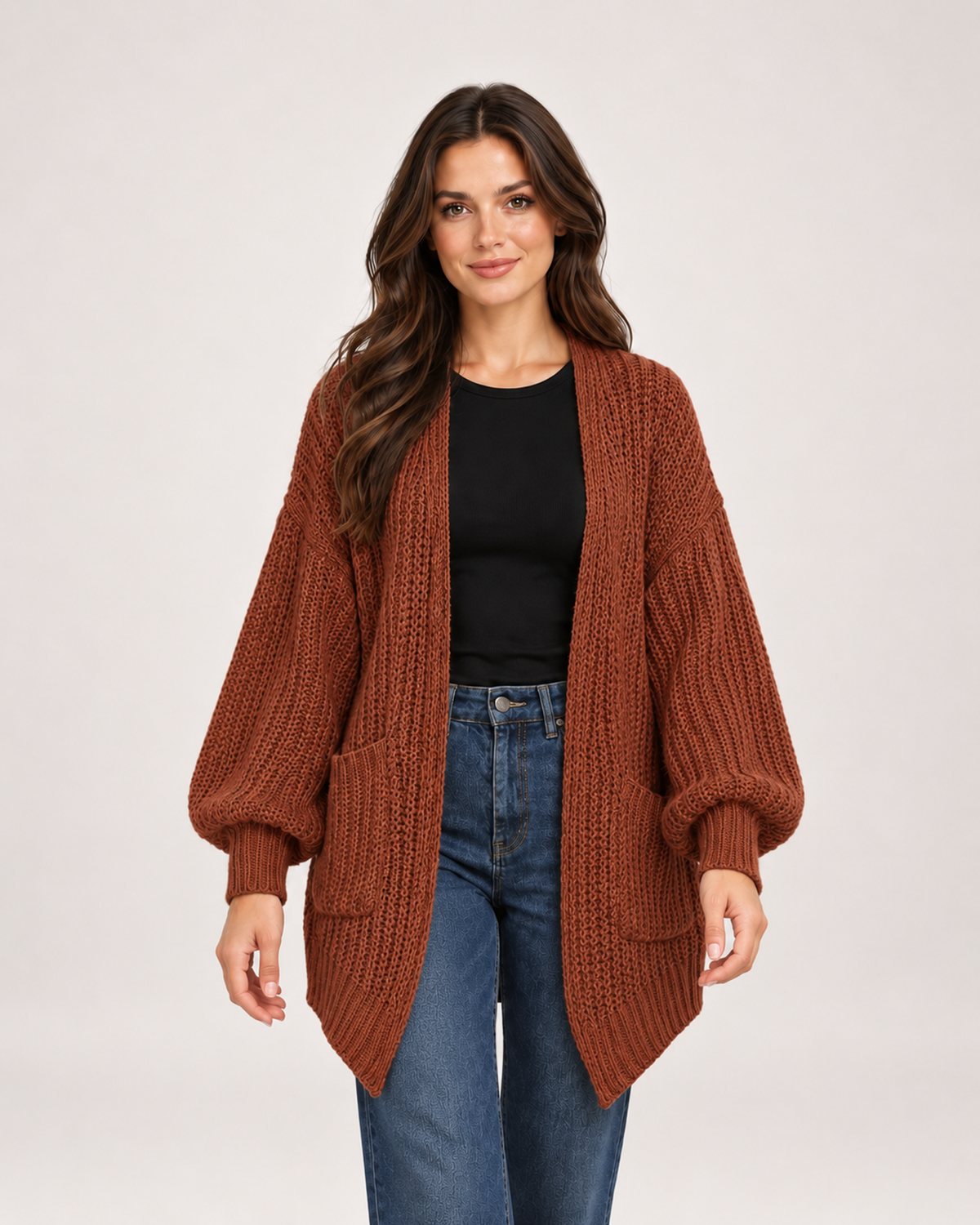 Women's Balloon Sleeve Cardigan with Chunky Knit brown close variant view