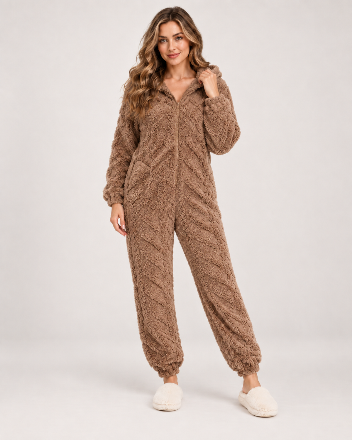 Women’s Fleece Pyjamas with Hood and Zip Front in Brown, full body view