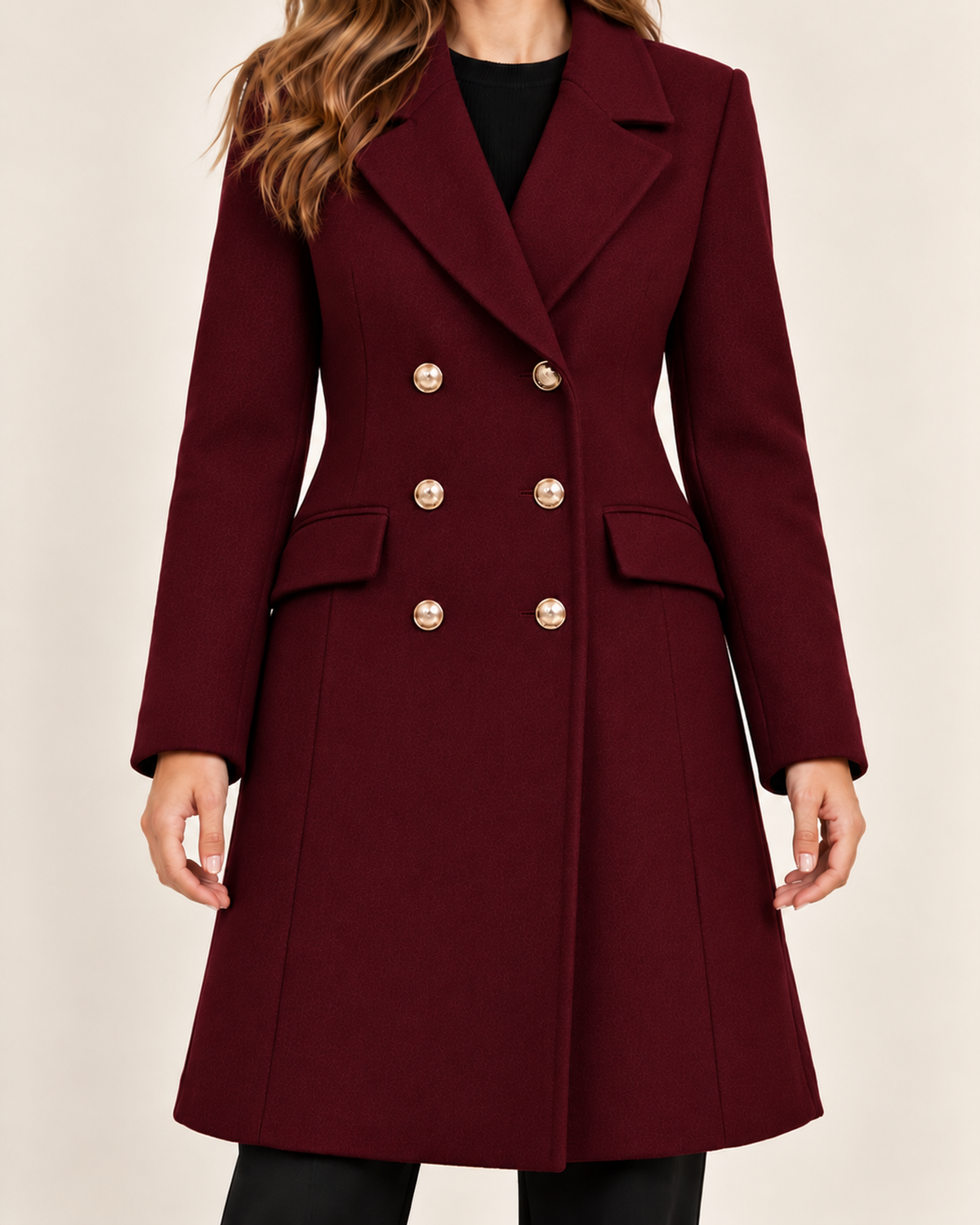 Women's burgundy double breasted lapel coat close variant view