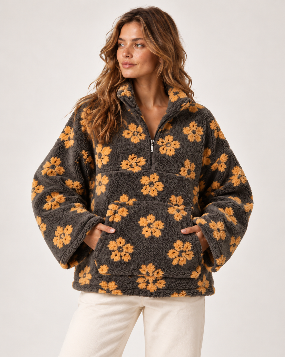 Women's Borg Jacket with Floral Pattern and Half Zip grey mustard floral close variant view