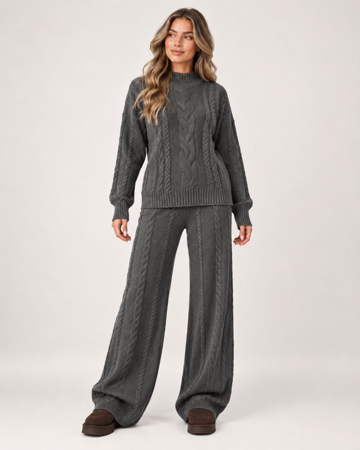 Women's Knitted Co-Ord Set with Cable Knit Jumper and Wide Leg Trousers grey close variant view