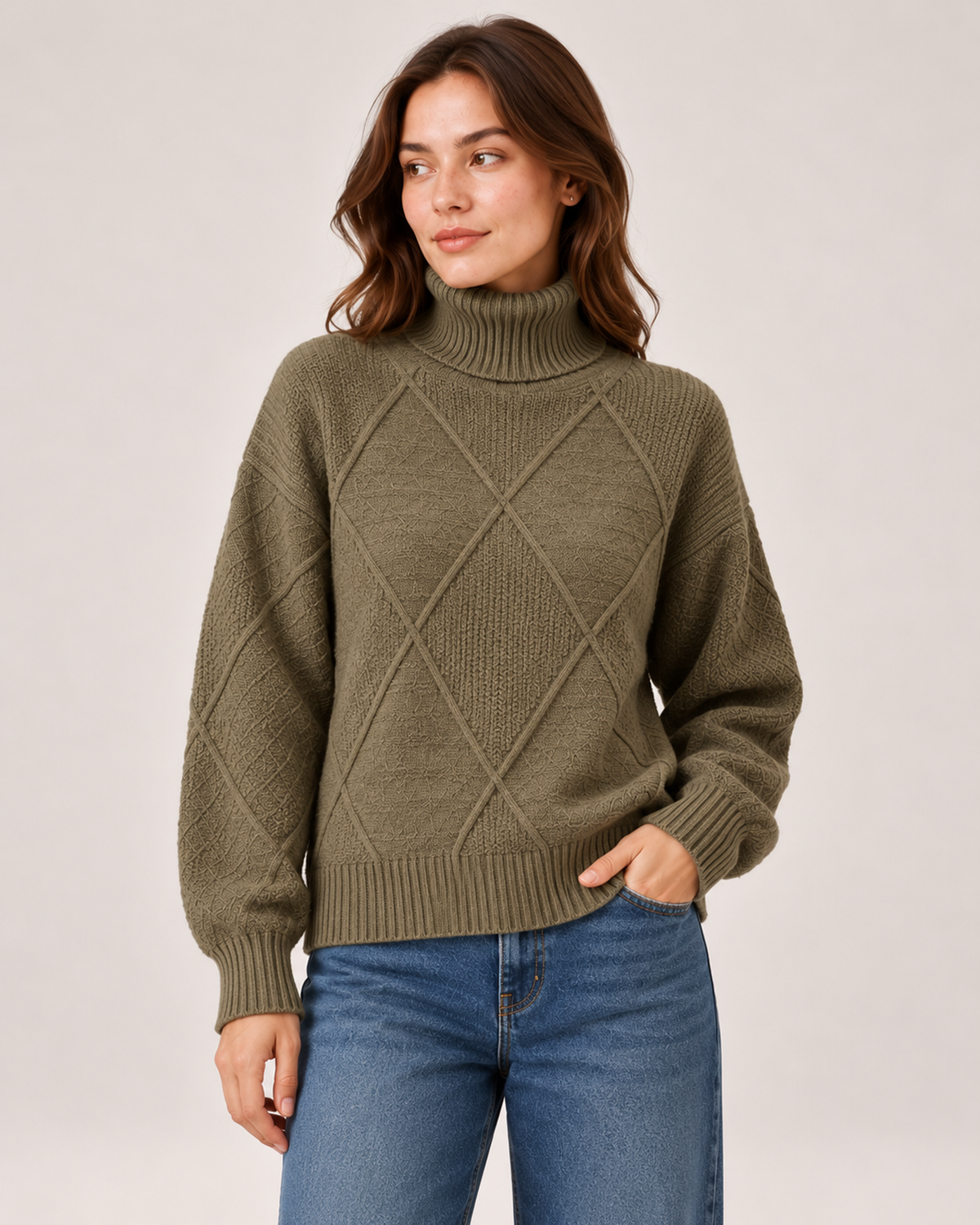 Women's Oversized Turtleneck Jumper khaki close variant view