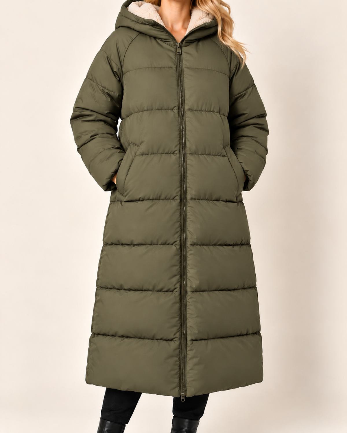 Women's khaki long puffer coat with hood close variant view