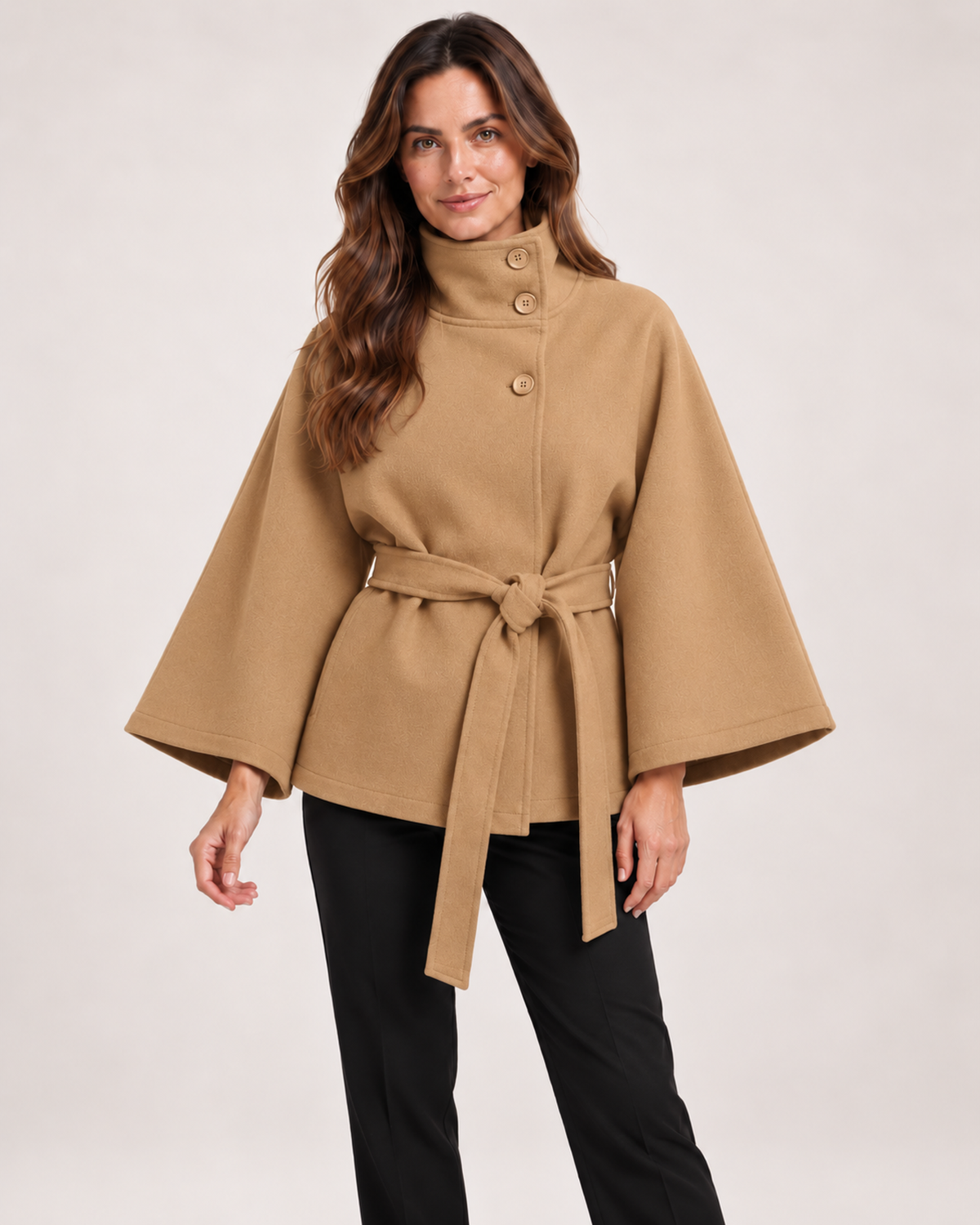 Women’s Cape Coat with Funnel Neck and Belt in Khaki, lower body product focus view