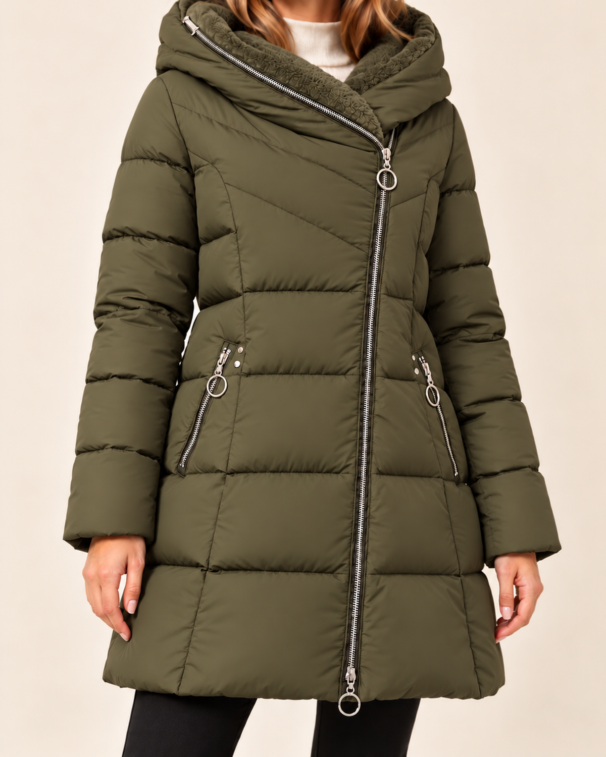 Women's khaki long puffer jacket with asymmetric zip close variant view