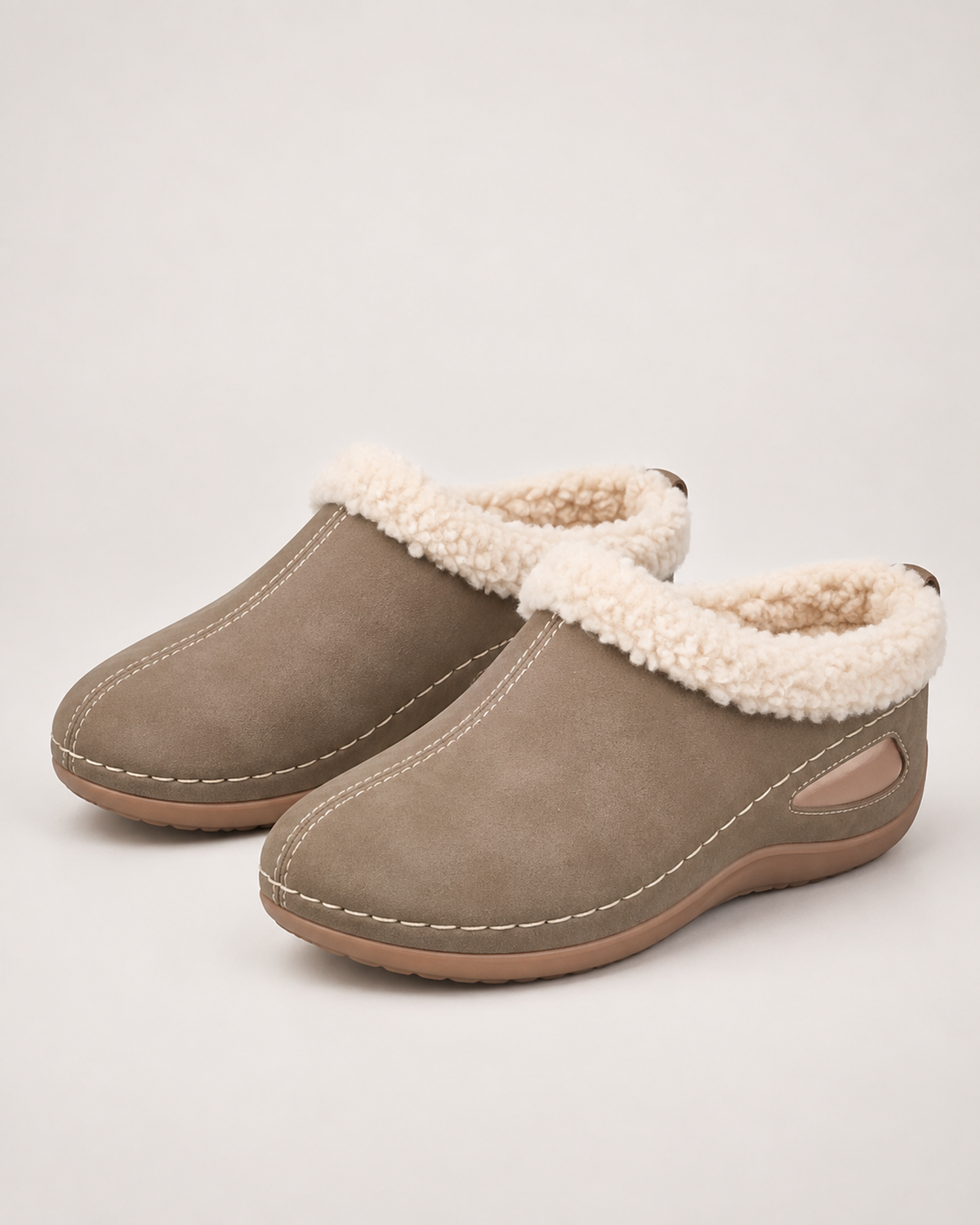 Women’s Slipper Clogs with Plush Lining and Wedge Sole in Khaki, product only pair front three quarter view