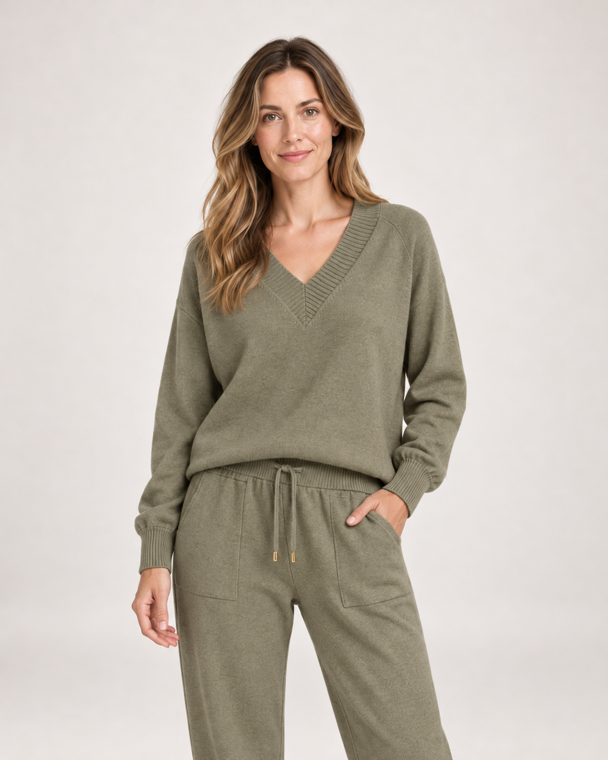 Women’s Loungewear Set with V-Neck Top and Joggers in Khaki, full body view