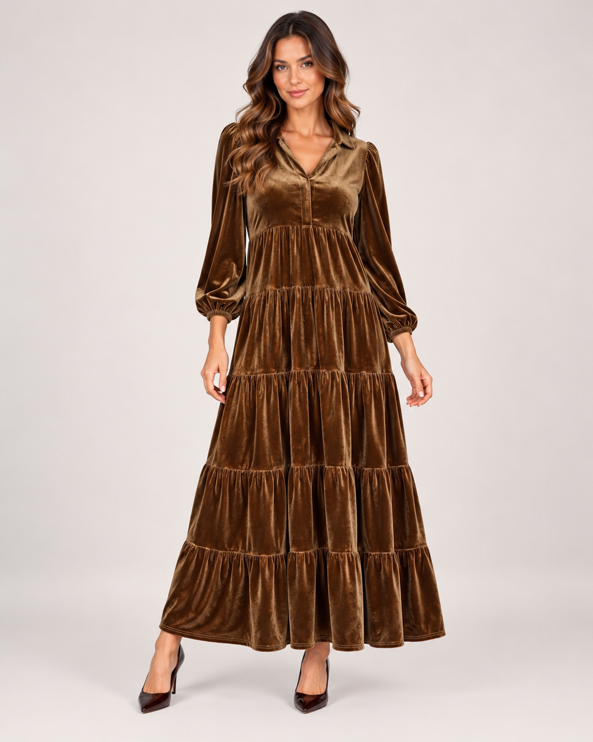 Women’s Velvet Maxi Dress with Collar and Tiered Skirt in Khaki, lower body product focus view
