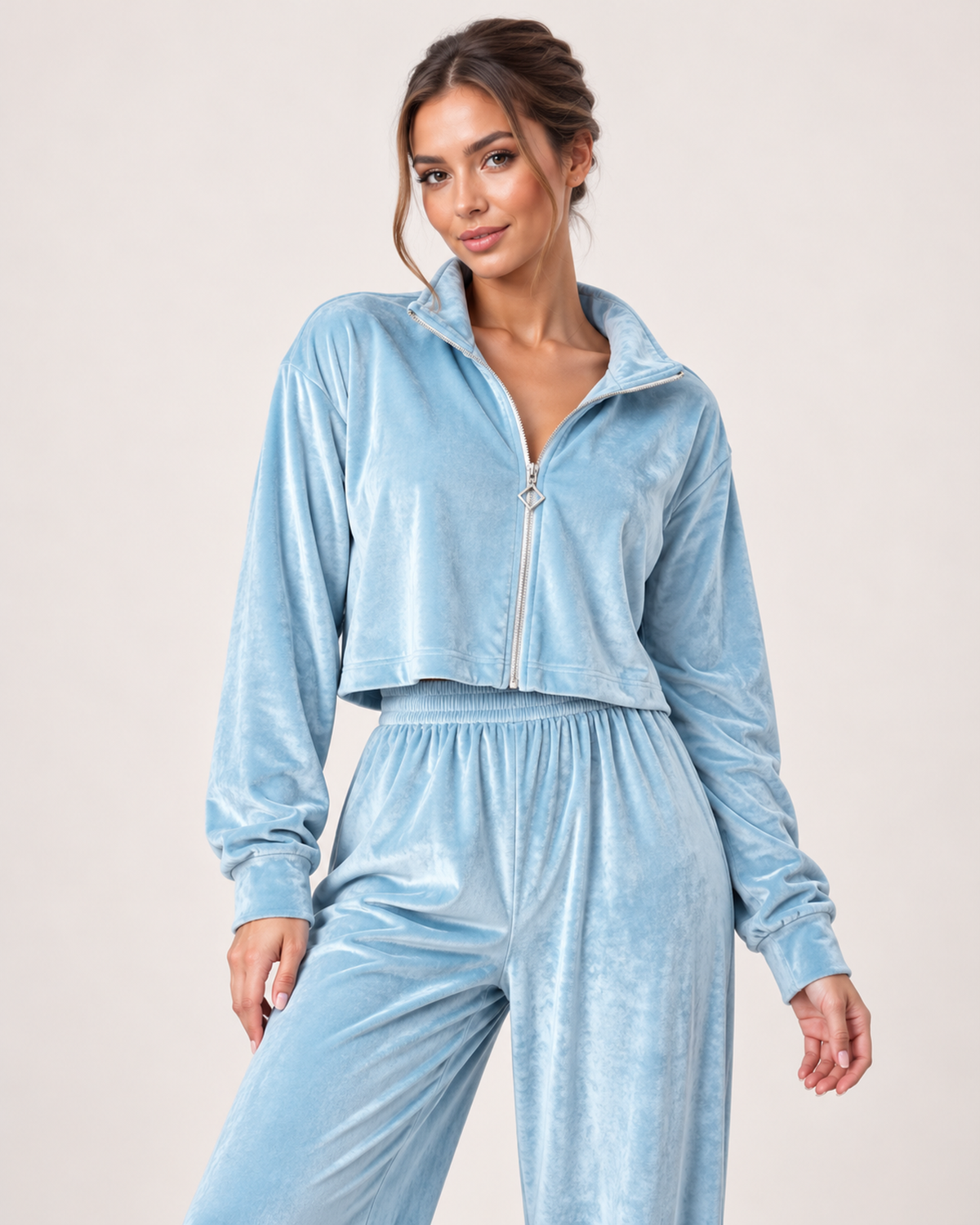 Women’s Loungewear Set with Zip Up Top and Wide Leg Trousers in Light Blue, full body view