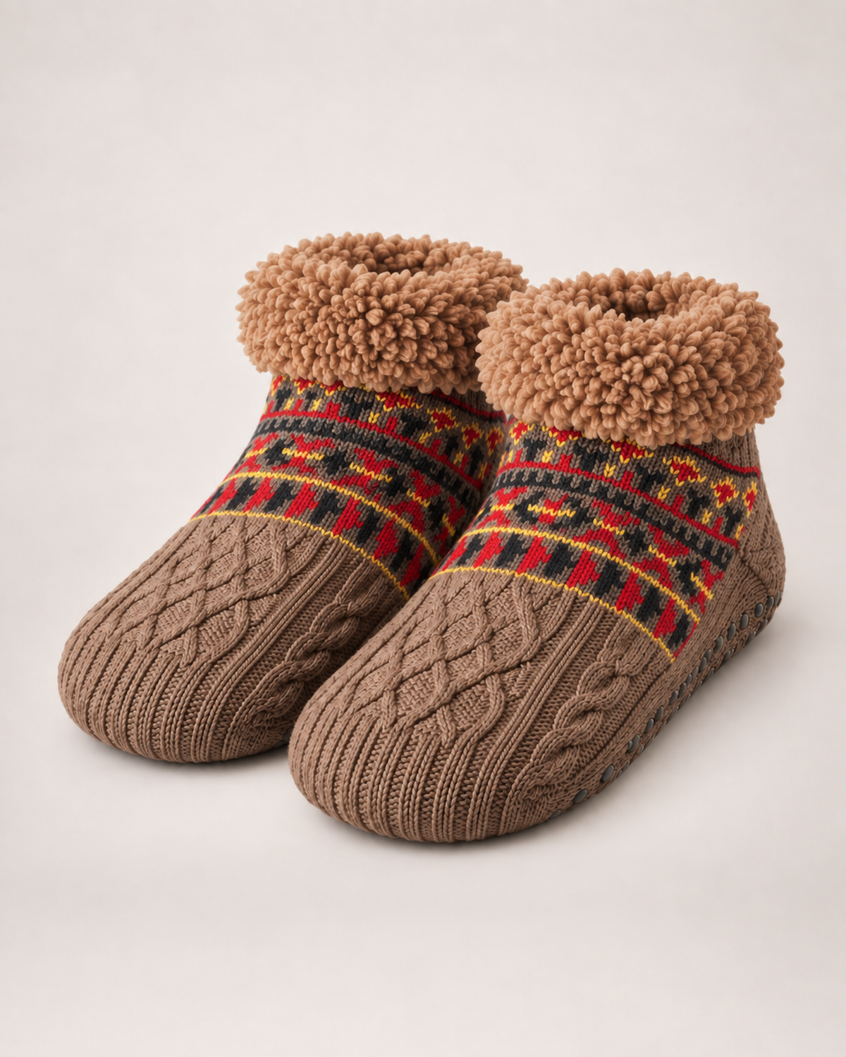 Women’s Slipper Socks with Fair Isle Pattern in Light Brown, product only pair front three quarter view