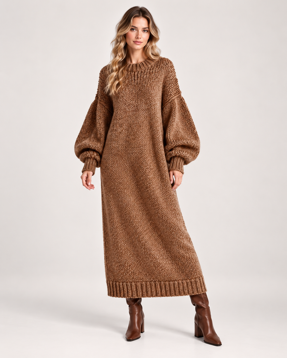 Women’s Knitted Maxi Dress with Balloon Sleeves in Light Brown, full body view