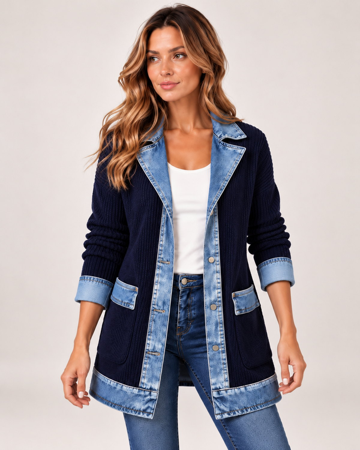 Women's Coatigan with Denim Collar and Button Front navy blue close variant view