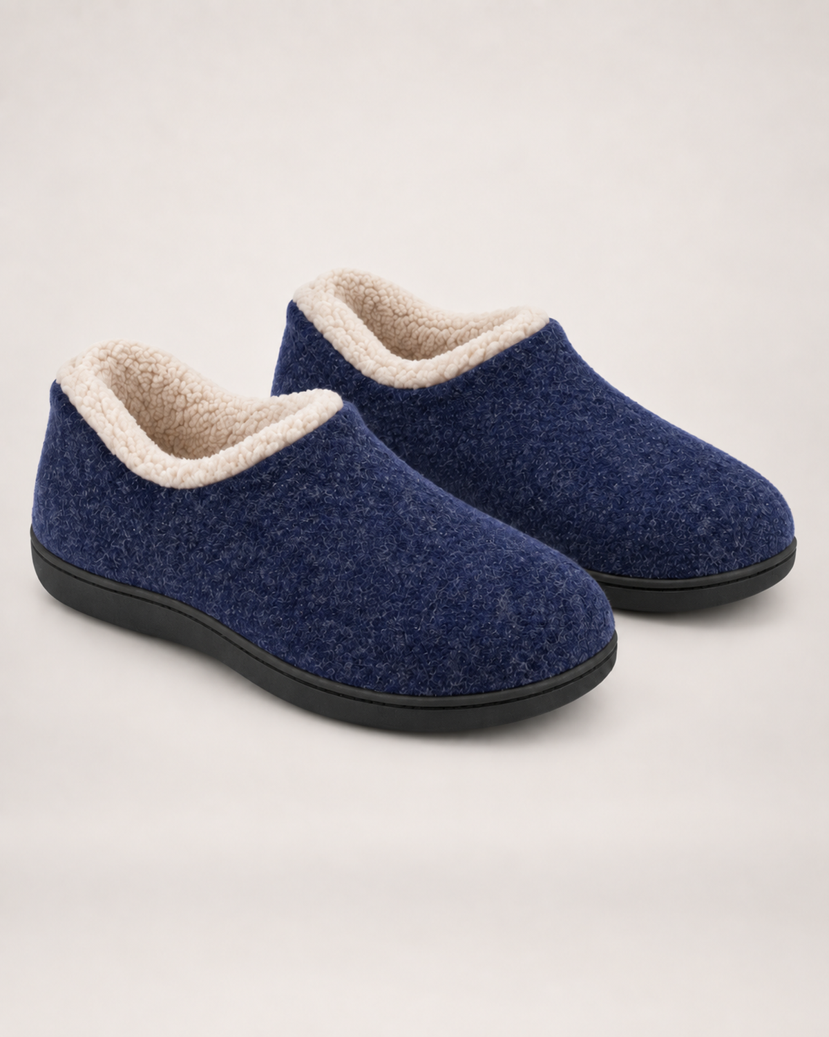 Women’s Full Slippers with Closed Back and Soft Collar in Navy Blue, product only pair front three quarter view