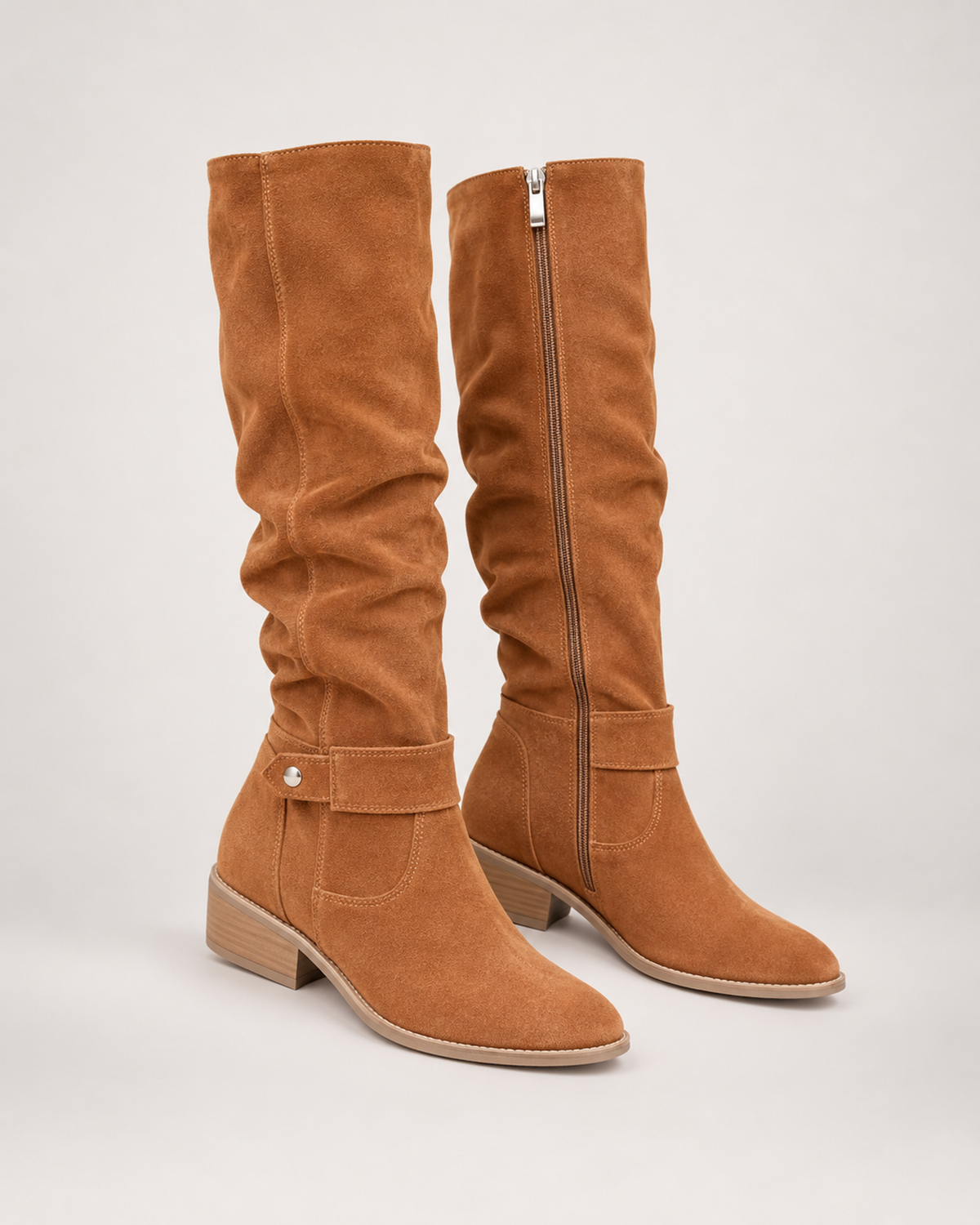 Women’s Knee High Boots with Low Heel and Side Zip in Orange, product only pair front three quarter view
