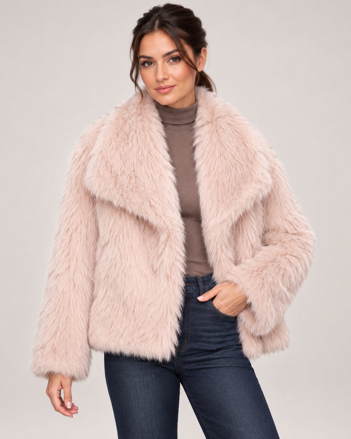 Women's Faux Fur Jacket with Wide Lapel Collar pink close variant view