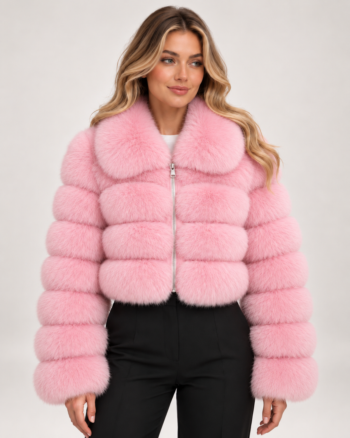 Women's Faux Fur Jacket with Cropped Shape and Wide Collar pink close variant view