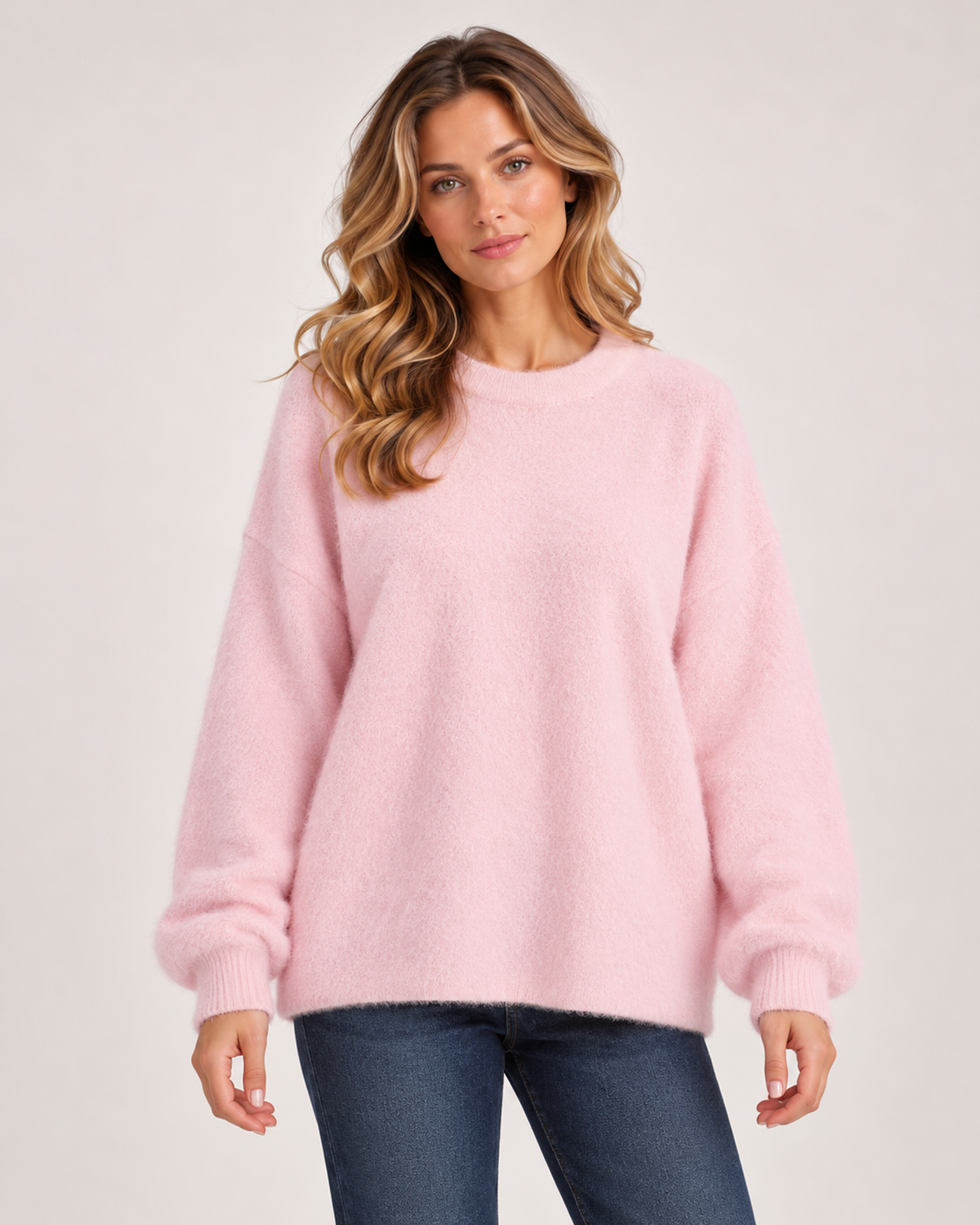 Women’s Fluffy Jumper with Crew Neck in Pink, upper body product focus view