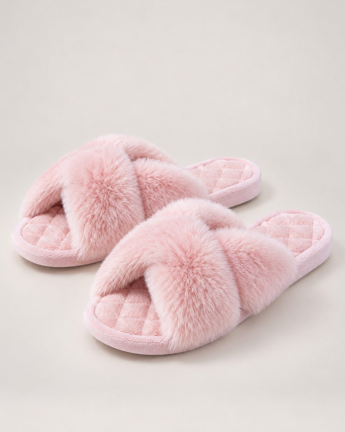 Women’s Fluffy Slippers with Cross Straps and Open Toe in Pink, product only view