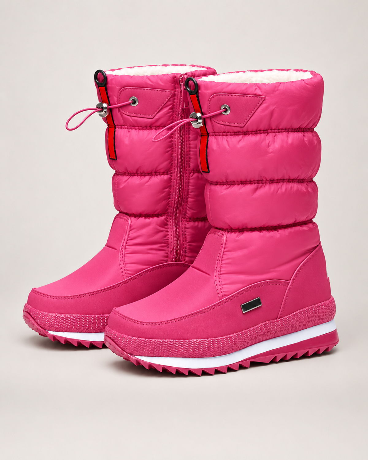 Women’s Snow Boots with Quilted Shaft and Treaded Sole in Pink, product only pair front three quarter view