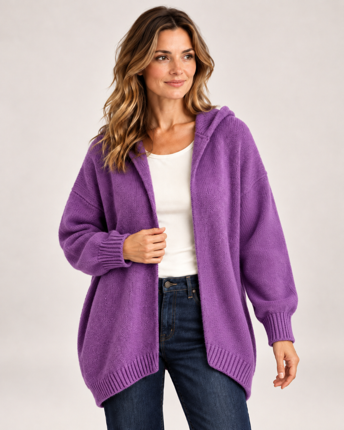 Women's Hooded Cardigan with Knitted Finish purple close variant view