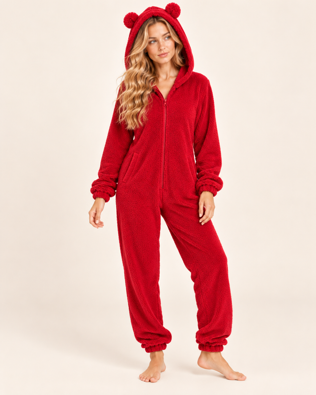 Women’s Fleece Onesie with Hood and Bear Ear Detail in Red, full body view
