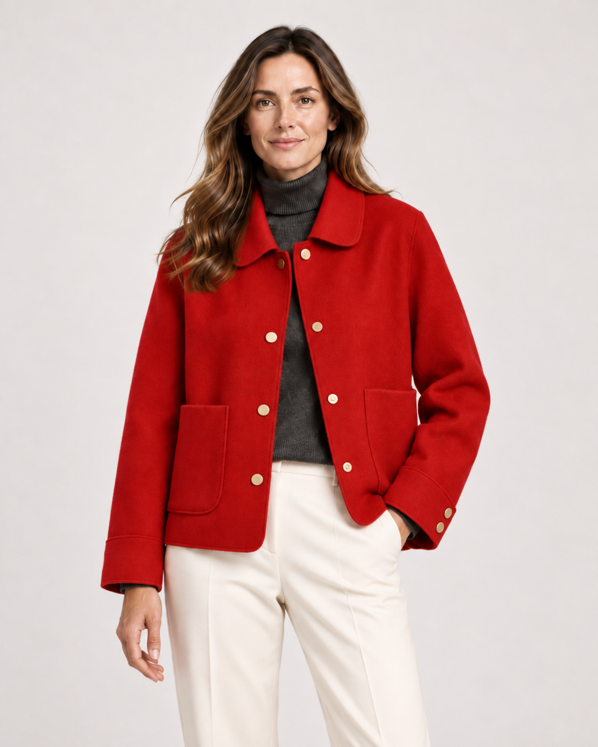 Women’s Short Jacket with Button Front and Patch Pockets in Red, lower body product focus view