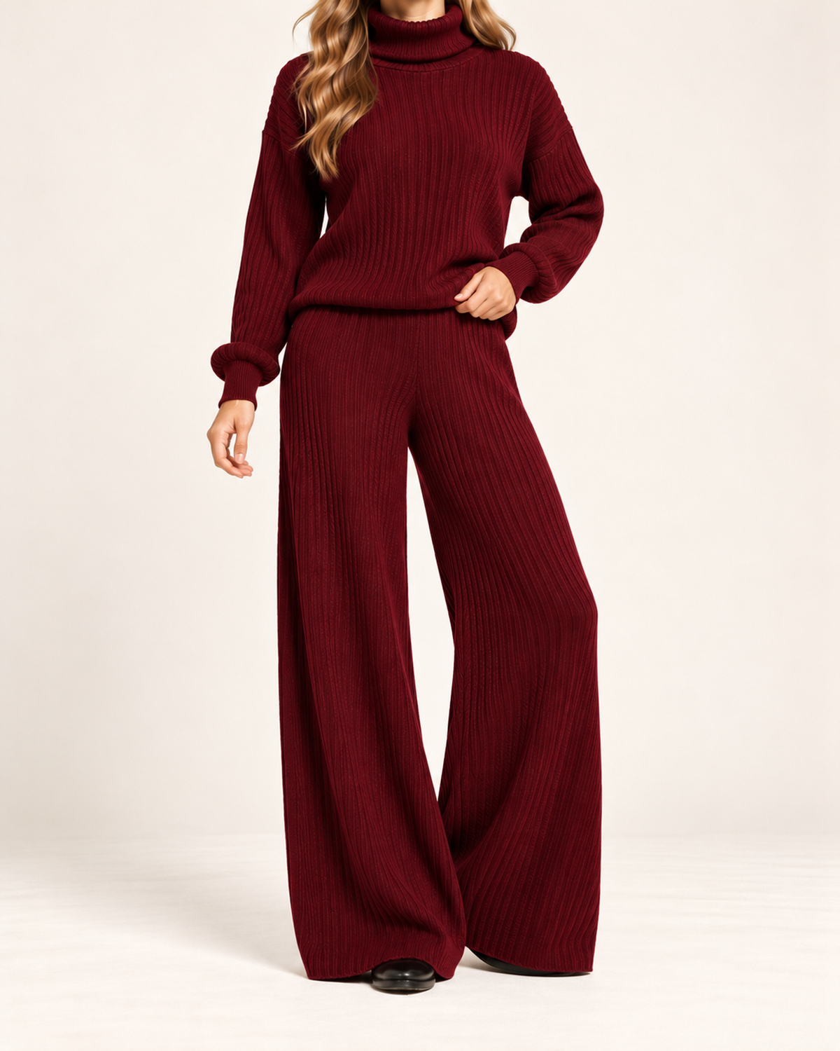 Women's red knitted roll neck co-ord set close variant view