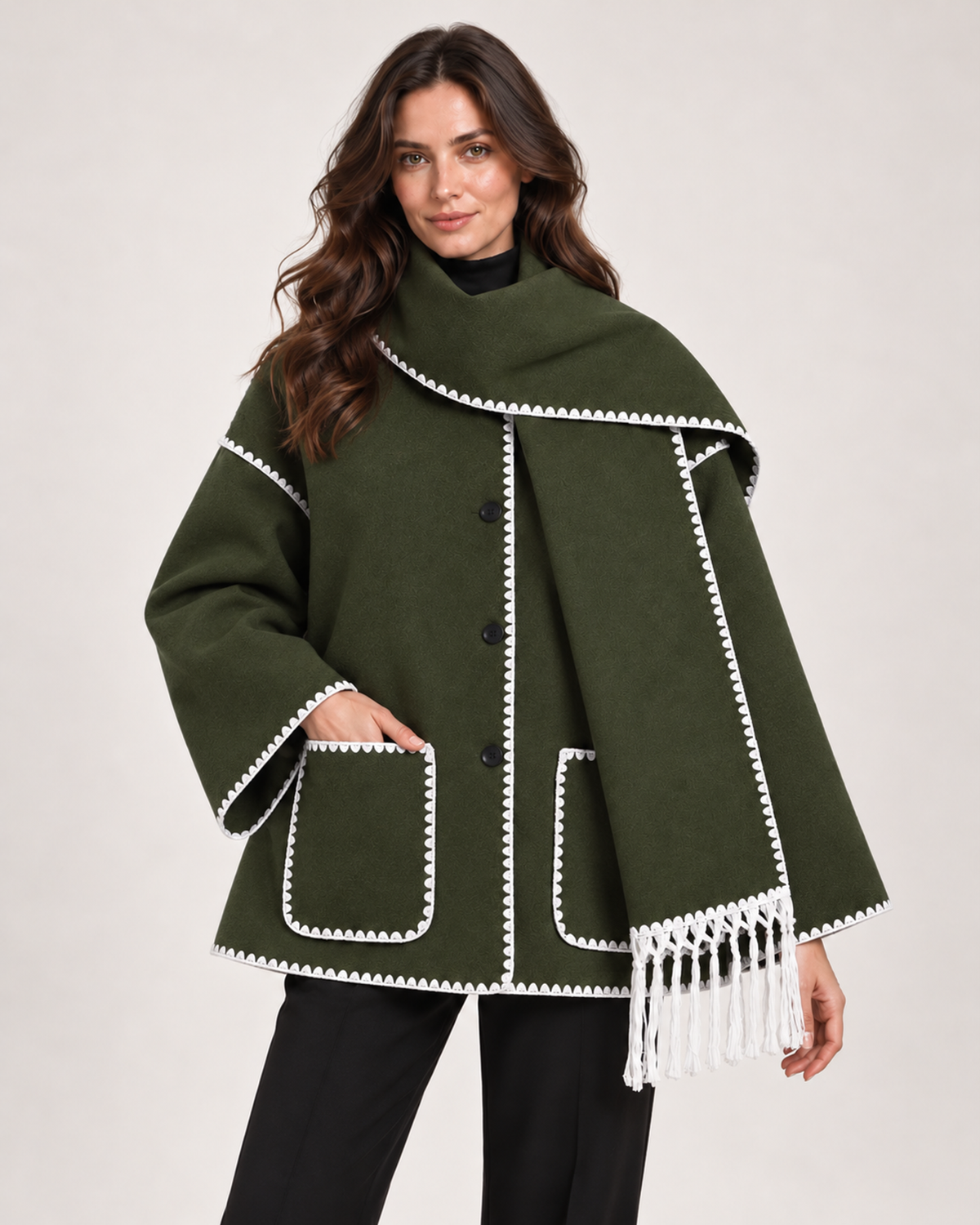 Women's dark green cape coat with scarf collar