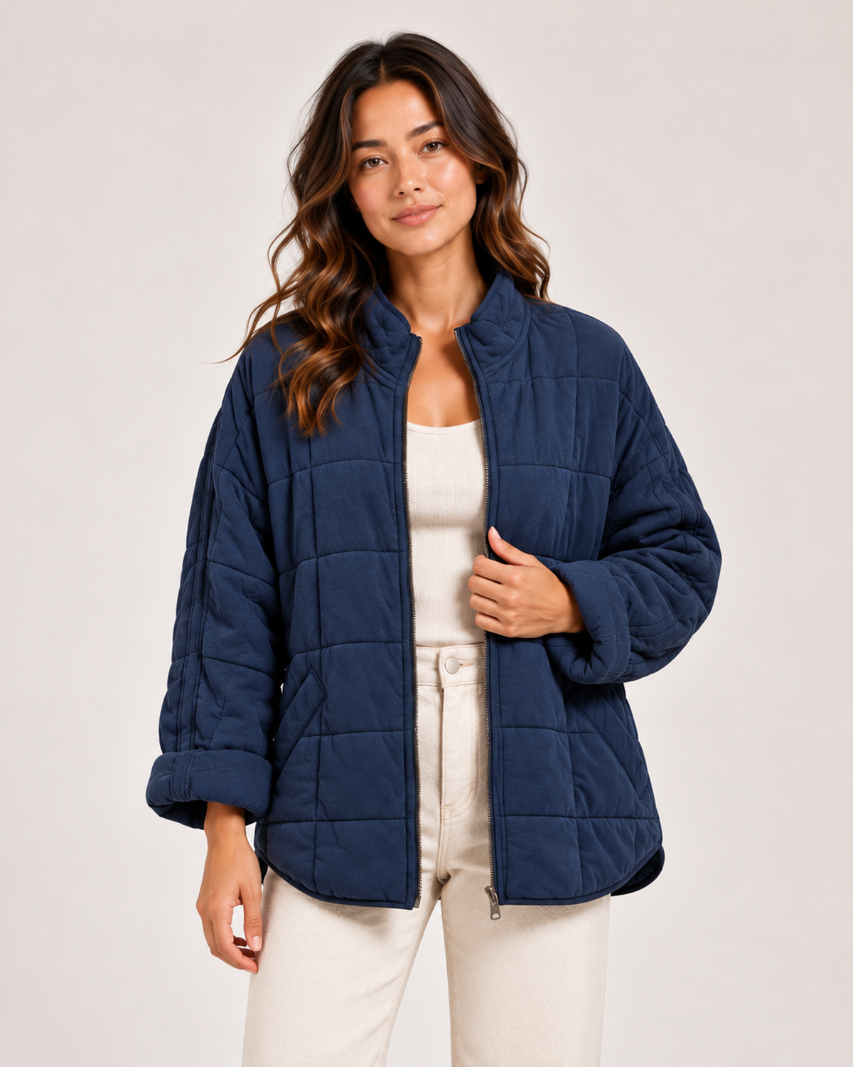 Women's navy quilted zip up jacket