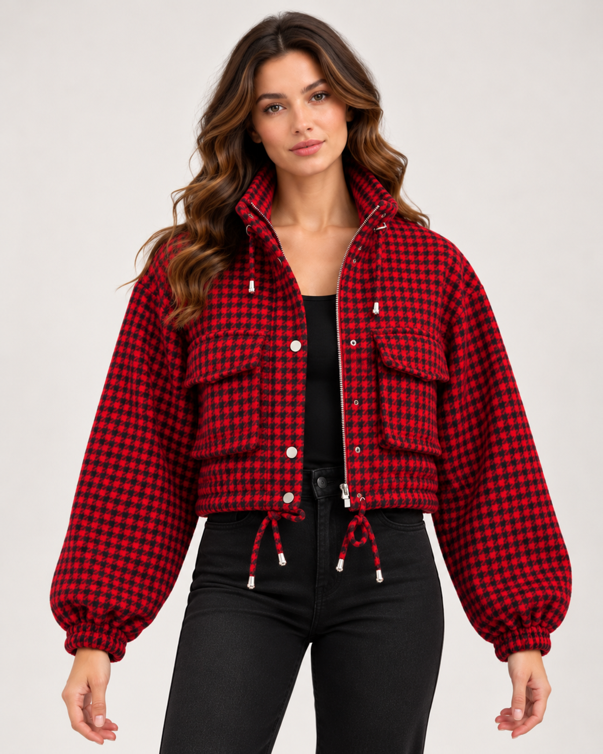 Women's red checked cropped jacket