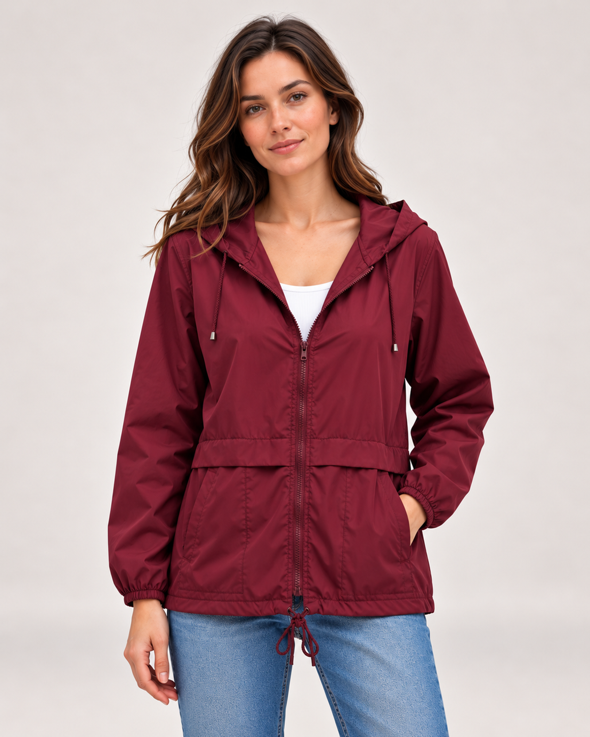Women's wine red lightweight hooded utility jacket