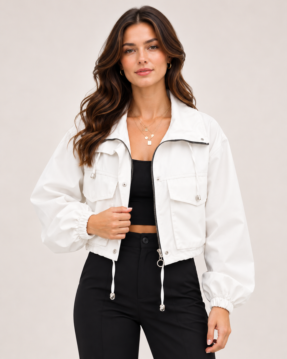 Women's Cropped Utility Jacket with Stand Collar and Chest Pockets white close variant view