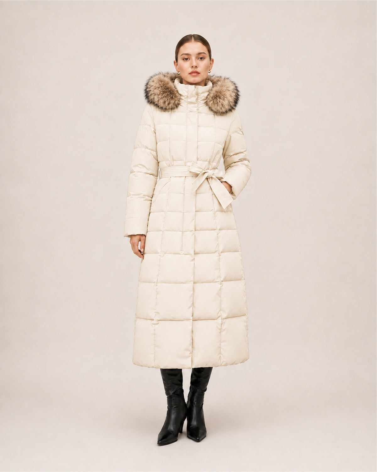 Women's Long Puffer Coat with Faux Fur Hood & Belt