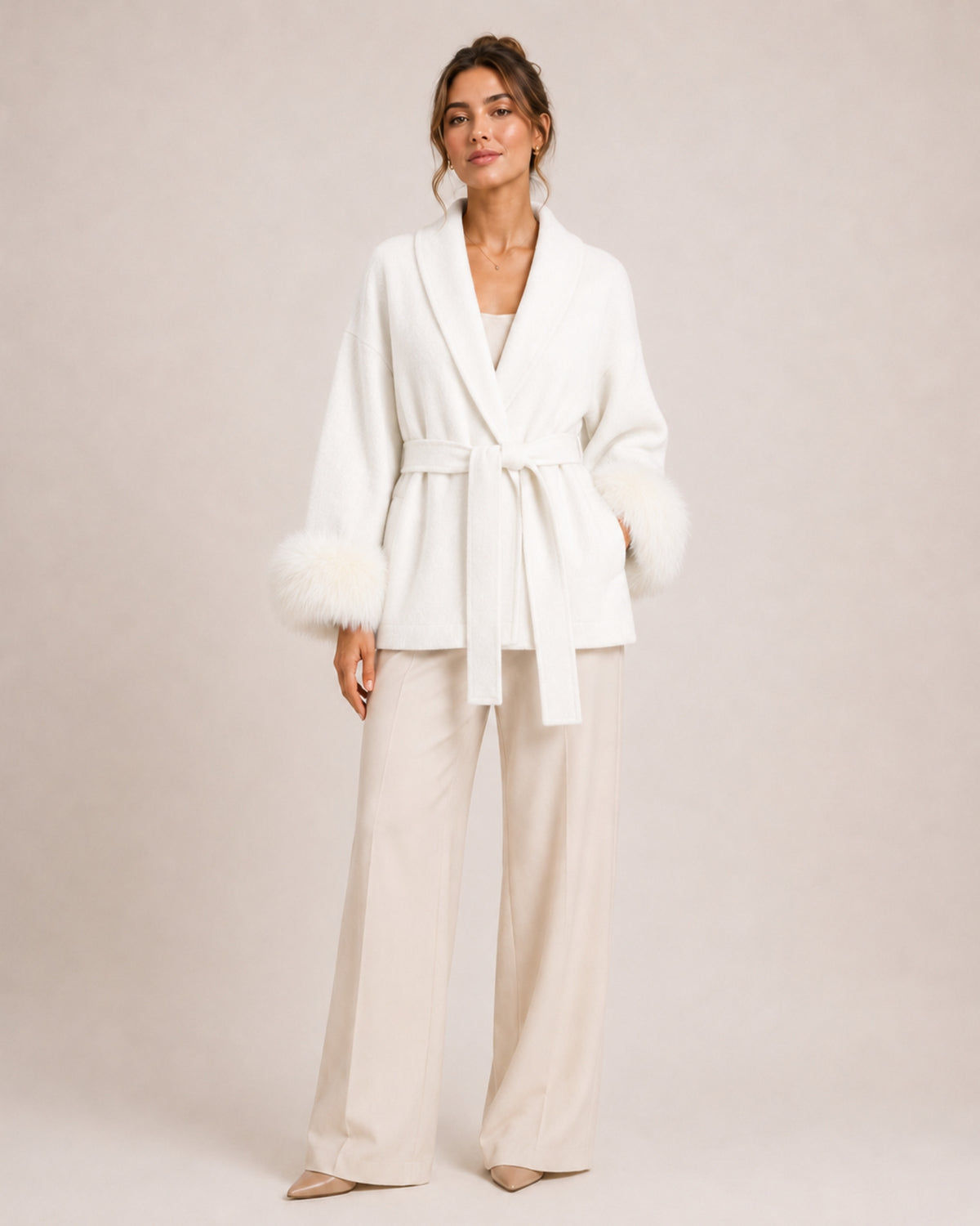 Women's Short Belted Coat with Faux Fur Cuffs