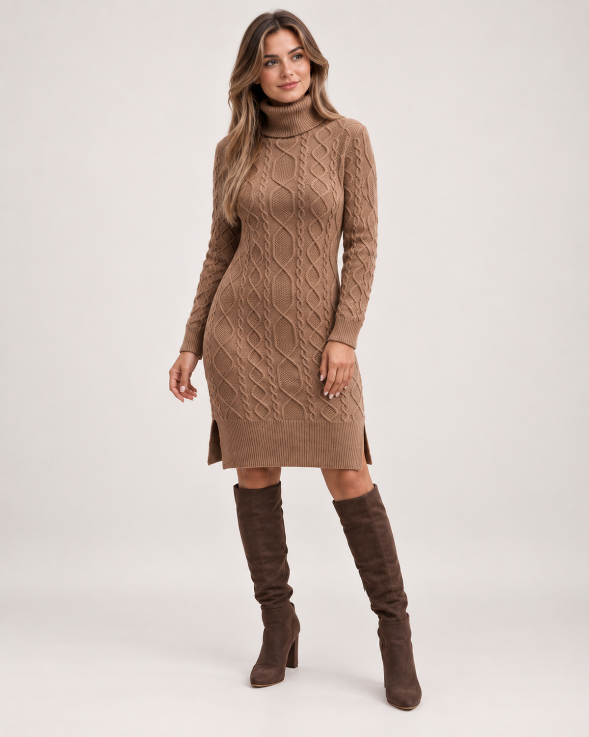 Women’s brown cable knit jumper dress full body view