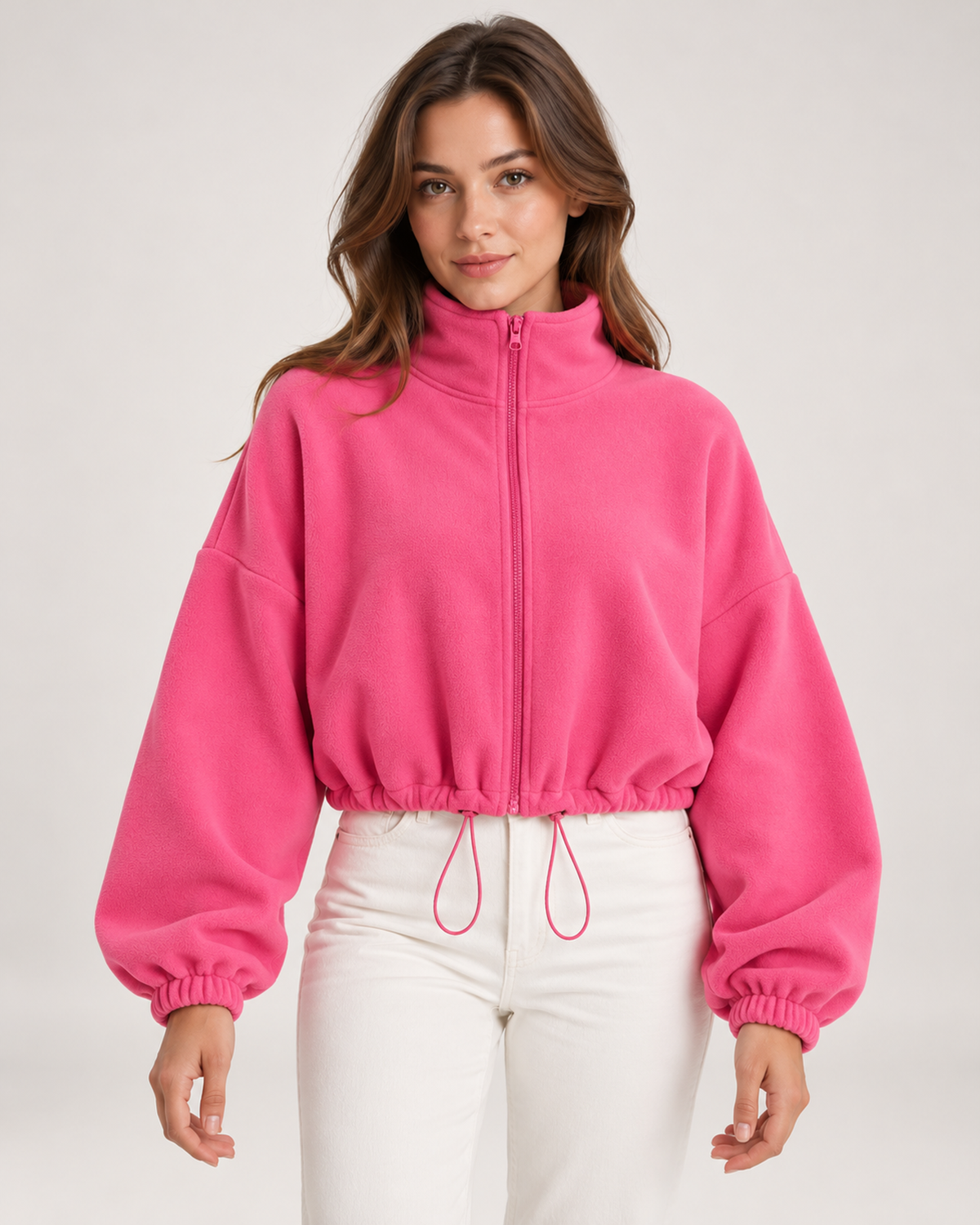 Women’s pink fleece jacket close front view