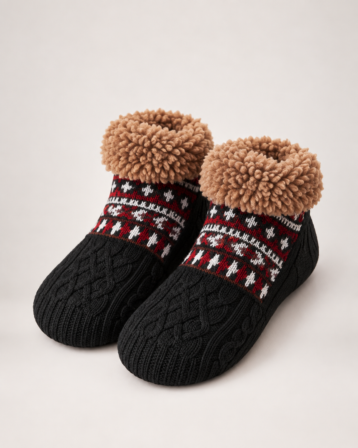 Women’s Slipper Socks with Fair Isle Pattern in Black, product only pair front three quarter view