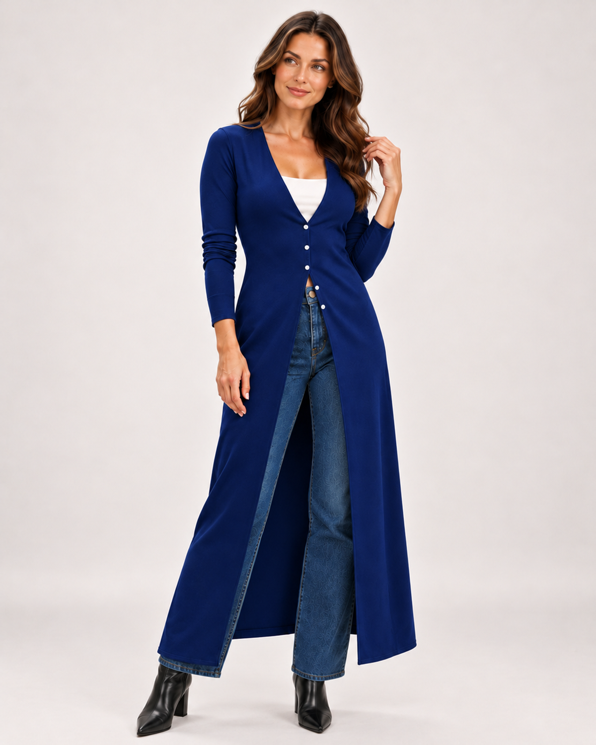 Women's Coatigan with V Neck and Longline Button Front blue close variant view