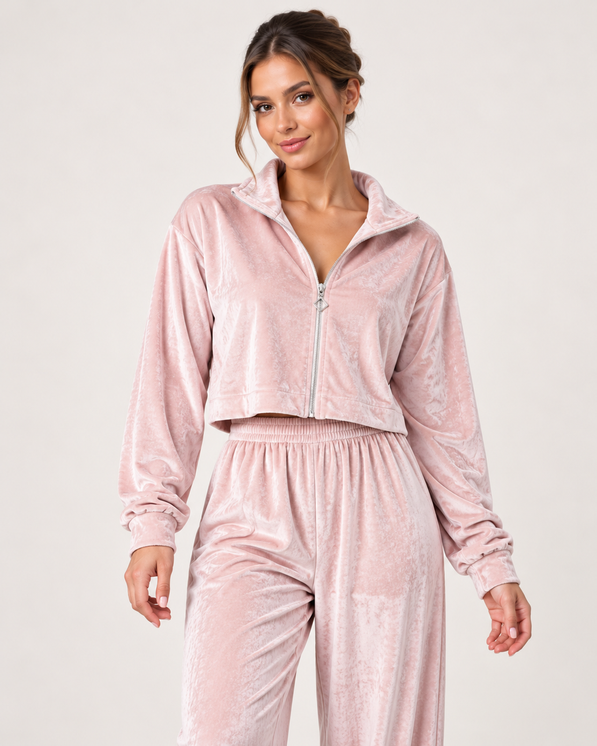 Women’s Loungewear Set with Zip Up Top and Wide Leg Trousers in Blush Pink, full body view