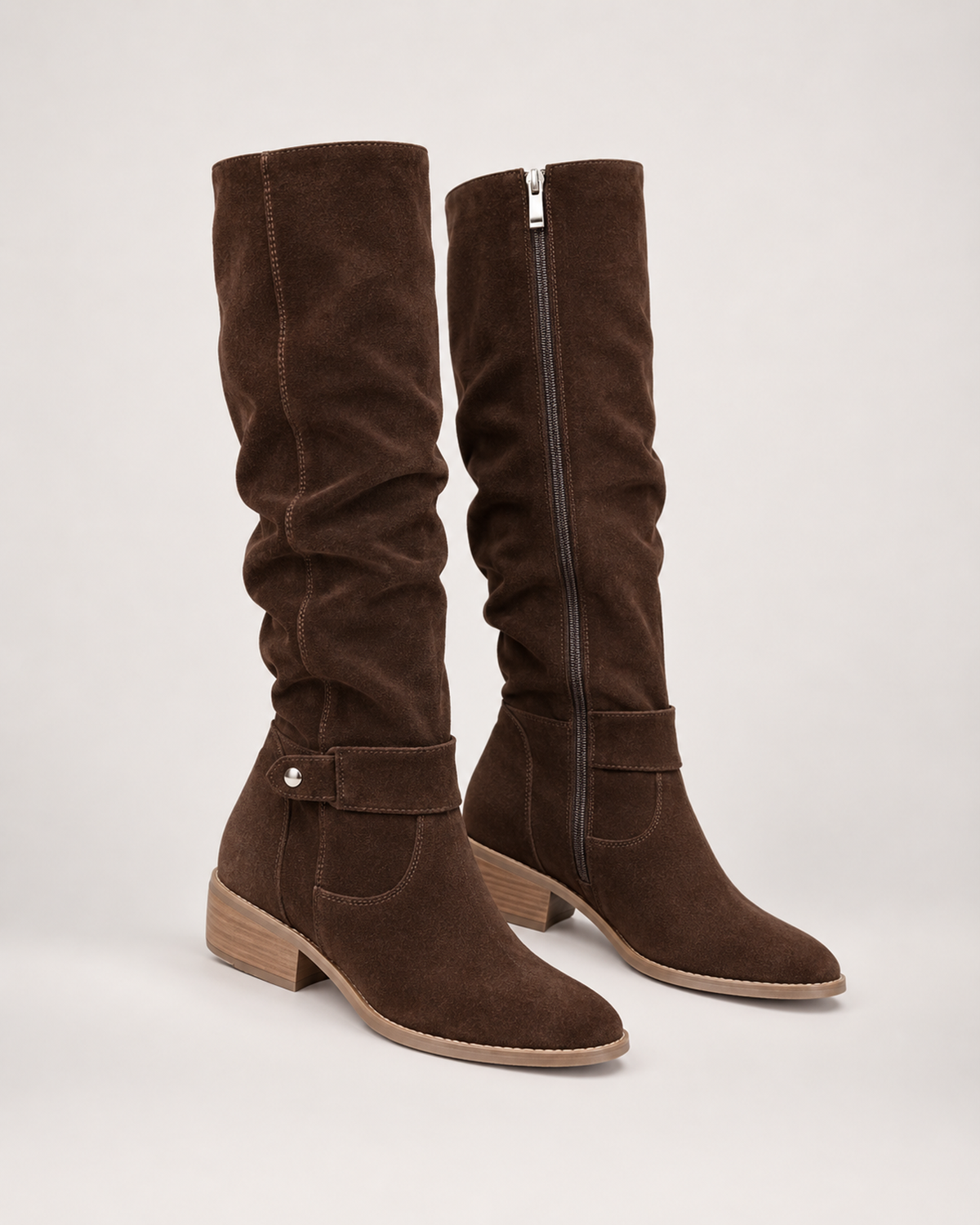 Women’s Knee High Boots with Low Heel and Side Zip in Brown, product only pair front three quarter view