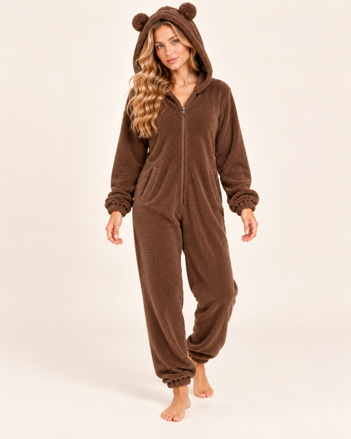 Women’s Fleece Onesie with Hood and Bear Ear Detail in Brown, full body view