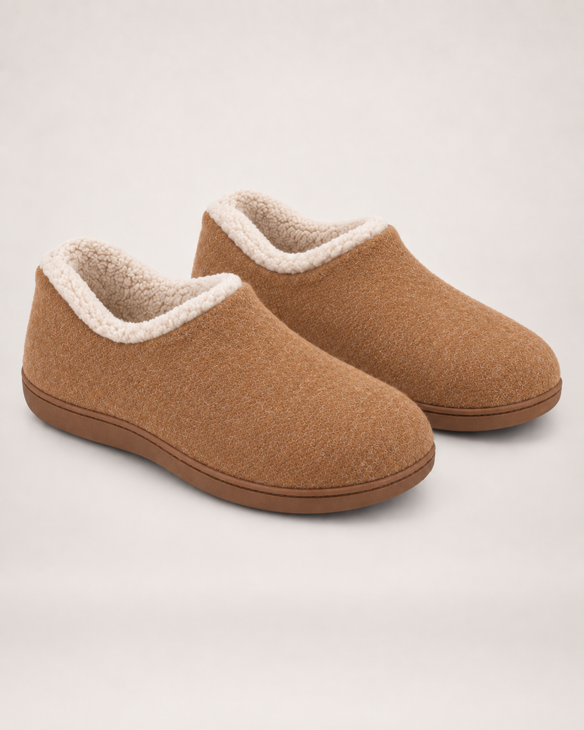 Women’s Full Slippers with Closed Back and Soft Collar in Camel, product only pair front three quarter view