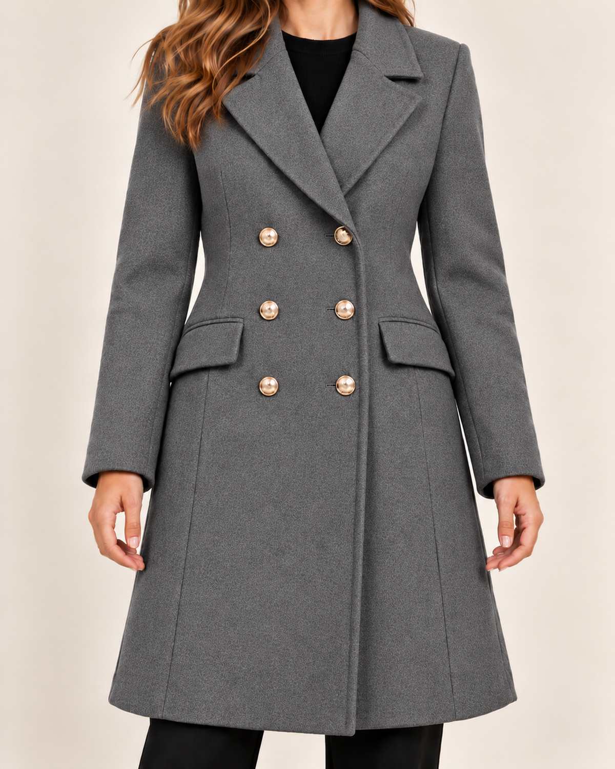 Women's grey double breasted lapel coat close variant view
