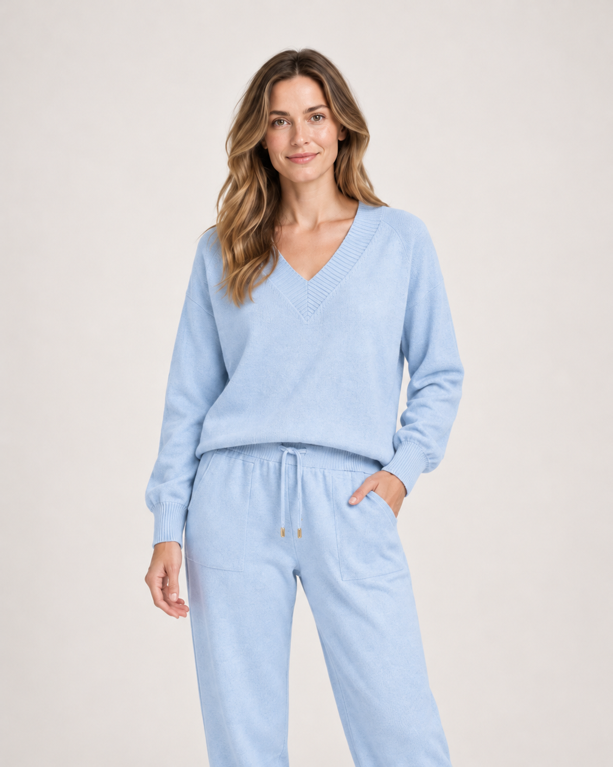 Women’s Loungewear Set with V-Neck Top and Joggers in Light Blue, full body view